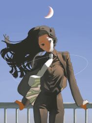 Rule 34 | 1girl, against railing, black eyes, black hair, black jacket, black pants, black shirt, black suit, blue sky, breasts, closed mouth, collared shirt, cowboy shot, crescent moon, dress shirt, floating hair, formal, gtsleep1200, hand on railing, highres, jacket, long hair, long sleeves, looking at viewer, medium breasts, moon, necktie, open clothes, open jacket, original, outdoors, pant suit, pants, railing, shirt, shirt tucked in, sky, smile, solo, standing, suit, white necktie, wind