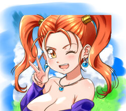 Rule 34 | 1girl, bare shoulders, breasts, cleavage, dragon quest, dragon quest viii, earrings, jessica albert, jewelry, large breasts, looking at viewer, mitsuju you, necklace, one eye closed, skirt, smile, solo, twintails