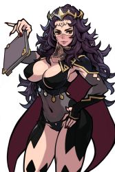Rule 34 | 1girl, age progression, black hair, bodystocking, book, breasts, cape, cleavage, covered navel, facial mark, fingernails, fire emblem, fire emblem fates, forehead mark, highres, holding, holding book, jewelry, kim b k, lipstick, long hair, makeup, messy hair, nail polish, nintendo, nyx (fire emblem), red eyes, smile, solo, tagme, tiara, veil, very long hair, white background