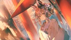 Rule 34 | 1girl, animal ears, architecture, blush, cloud, east asian architecture, flower, garuku, grass, hair flower, hair ornament, highres, japanese clothes, kimono, looking at viewer, original, sky, smile, solo, tree, umbrella