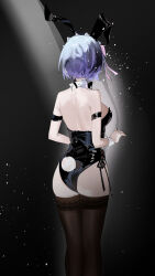 Rule 34 | 1girl, akihoop, animal ears, arm strap, ass, backless leotard, bare back, bare shoulders, black background, black bow, black bowtie, black leotard, black thighhighs, blue hair, bow, bowtie, detached collar, fake animal ears, fake tail, from behind, hair ribbon, highres, leotard, light particles, original, pink ribbon, playboy bunny, rabbit ears, rabbit tail, ribbon, short hair, simple background, spotlight, standing, strapless, strapless leotard, tail, thighhighs, wrist cuffs