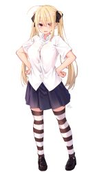 Rule 34 | 1girl, ahoge, bad id, bad pixiv id, black footwear, black ribbon, black skirt, black thighhighs, blonde hair, blouse, breasts, collared shirt, commentary request, hair ribbon, highres, large breasts, long hair, looking at viewer, original, ramchi, ribbon, shirt, shoes, short sleeves, signature, simple background, skirt, solo, standing, striped clothes, striped thighhighs, thighhighs, two-tone legwear, two side up, uniform, white background, white shirt, white thighhighs