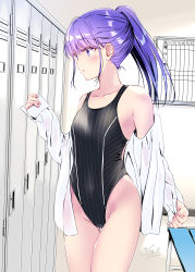 Rule 34 | 1girl, :o, bare shoulders, bench, black one-piece swimsuit, blush, collarbone, competition swimsuit, highres, indoors, kobayashi chisato, locker, locker room, long hair, long sleeves, one-piece swimsuit, original, parted lips, ponytail, purple eyes, purple hair, shirt, signature, solo, standing, swimsuit, thighs, undressing, white shirt