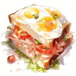 Rule 34 | bread, egg (food), food, food focus, lettuce, no humans, original, polaris54, sandwich, still life, tomato, vegetable, white background