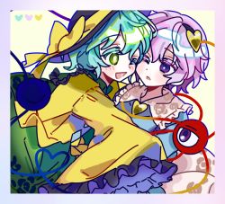 Rule 34 | 2girls, :d, black hairband, blouse, blue shirt, blush, border, bow, bright pupils, buttons, cheek-to-cheek, de17a, floral print, frilled shirt collar, frilled sleeves, frills, gradient border, green eyes, green hair, green skirt, hair between eyes, hair ornament, hairband, hat, hat bow, heads together, heart, heart button, heart hair ornament, heart of string, hug, komeiji koishi, komeiji satori, long sleeves, looking at another, multiple girls, one eye closed, open mouth, pink hair, purple eyes, rose print, shirt, short hair, siblings, sisters, skirt, smile, symbol-only commentary, third eye, touhou, upper body, white pupils, wide sleeves, yellow bow, yellow shirt