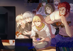 Rule 34 | 4boys, 4girls, abigail williams (fate), ahoge, artoria pendragon (all), artoria pendragon (fate), bad id, bad pixiv id, beard, biceps, blonde hair, blush, grabbing another&#039;s breast, breasts, club3, controller, couch, enkidu (fate), facial hair, fate/apocrypha, fate/grand order, fate/zero, fate (series), game console, game controller, gilgamesh (fate), grabbing, grabbing from behind, groping, indian style, iskandar (fate), jeanne d&#039;arc (fate), jeanne d&#039;arc alter (avenger) (fate), jeanne d&#039;arc alter (fate), mordred (fate), mordred (fate/apocrypha), multiple boys, multiple girls, official alternate costume, open mouth, parted lips, playing games, playstation 4, red hair, saber alter, silver hair, sitting, smile, television, waver velvet, yuri