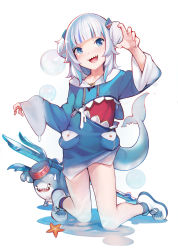 Rule 34 | 1girl, :d, absurdres, animal costume, ataruman, bloop (gawr gura), blue eyes, blue hair, bubble, claw pose, commentary request, fins, fish tail, gawr gura, gawr gura (1st costume), hair ornament, hairclip, hand up, highres, hololive, hololive english, kneeling, long sleeves, looking at viewer, mixed-language commentary, multicolored hair, open mouth, polearm, pouch, shark costume, shark tail, sharp teeth, simple background, sleeves past wrists, smile, solo, starfish, streaked hair, tail, teeth, trident, two-tone hair, two side up, virtual youtuber, weapon, white background, white hair, wide sleeves