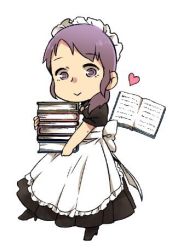 Rule 34 | 1girl, :&gt;, apron, arii erice, black dress, black footwear, book, boots, bow, chibi, closed mouth, dress, eyelashes, frilled apron, frilled hairband, frills, full body, hair ornament, hairband, heart, high heel boots, high heels, holding, holding book, leg lift, long hair, low ponytail, lowres, maid, maid apron, maid headdress, misono (schatzkiste), open book, pile of books, puffy short sleeves, puffy sleeves, purple eyes, purple hair, schatzkiste, shisetsu toshokan schatzkiste e youkoso! erice to yu kaina meido-tachi, short sleeves, side ponytail, simple background, smile, solo, standing, standing on one leg, tareme, white apron, white background, white bow, white hairband
