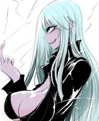 Rule 34 | 1girl, blue eyes, blue hair, bodysuit, breasts, cleavage, large breasts, long hair, makeup, nemissa, pale skin, sangyou haikibutsu (turnamoonright), simple background, smile, solo, soul hackers, white background