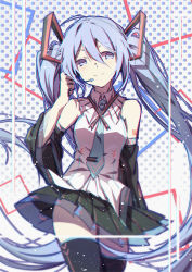Rule 34 | 1girl, arm at side, bare shoulders, black skirt, blue background, blue eyes, blue hair, blue necktie, breasts, clothes lift, detached sleeves, floating hair, gradient background, hatsune miku, headset, hhhhhoi, long hair, looking away, making-of available, medium breasts, necktie, number tattoo, polka dot, polka dot background, shirt, shoulder tattoo, skirt, skirt lift, sleeveless, sleeveless shirt, smile, solo, square, tattoo, thighhighs, thighs, twintails, very long hair, vocaloid, white background, white shirt