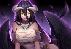Rule 34 | 1girl, ahoge, albedo (overlord), artist name, bare shoulders, black hair, black wings, breasts, cleavage, commentary, demon girl, demon horns, demon wings, dress, english commentary, feathered wings, gloves, hair between eyes, horns, large breasts, long hair, looking at viewer, overlord (maruyama), reizdrawing, slit pupils, smile, solo, white dress, white gloves, wings, yellow eyes