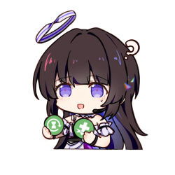 Rule 34 | 1girl, ?, beizhi, brown hair, chibi, commentary request, dress, gameplay mechanics, girls&#039; frontline, girls&#039; frontline neural cloud, halo, headset, highres, holding, long hair, mechanical halo, nanaka (neural cloud), open mouth, purple eyes, simple background, solo, upper body, white background, white dress