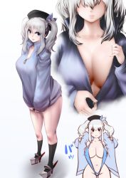 Rule 34 | 1girl, alternate costume, beret, black legwear, blue eyes, blue jacket, breasts, cleavage, closed mouth, collarbone, hat, jacket, kantai collection, kashima (kancolle), large breasts, long hair, looking at viewer, multiple views, sidelocks, silver hair, slingshot swimsuit, smile, socks, souryu, swimsuit, twintails, wavy hair