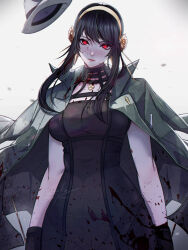 Rule 34 | 1girl, absurdres, black dress, black gloves, black hair, blood, blood on clothes, dagger, dress, earrings, expressionless, fedora, gloves, gold earrings, gold hairband, green jacket, hairband, hat, highres, holding, holding dagger, holding knife, holding weapon, jacket, jewelry, knife, looking at viewer, red eyes, solo, spy x family, stiletto (weapon), weapon, xuuikie ashe, yor briar