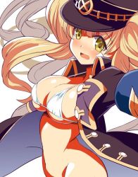 Rule 34 | 1girl, 9law, blonde hair, breasts, cleavage, granblue fantasy, green eyes, hat, large breasts, long hair, long sleeves, monika weisswind, navel, open mouth, peaked cap, solo, swimsuit, twintails