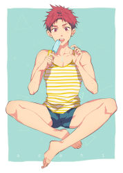 Rule 34 | 1boy, barefoot, blush, character name, food, high speed!, ice cream, indian style, looking at viewer, male focus, muscular, ookiidesunone, popsicle, red eyes, red hair, saliva, shiina asahi, shorts, sitting, solo, sweat, tank top, tongue, tongue out