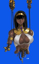 Rule 34 | 1girl, abs, absurdres, android, armlet, black hair, blue background, breasts, brown eyes, cable, commentary request, commission, dark-skinned female, dark skin, egyptian, egyptian clothes, gem, gold, hanging, highres, large breasts, level-00, looking at viewer, mechanical parts, medium hair, muscular, muscular female, original, shiny skin, simple background, solo, spine, usekh collar, winch