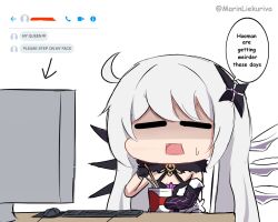 Rule 34 | 1girl, black gloves, breasts, chat log, chibi, chopsticks, cleavage, closed eyes, cup, dress, eating, elbow gloves, energy wings, english text, expressionless, fur collar, gloves, hair between eyes, hair ornament, holding, holding chopsticks, holding cup, honkai (series), honkai impact 3rd, keyboard (computer), kiana kaslana, kiana kaslana (herrscher of the void), long hair, marin liekuriva, monitor, mouse (computer), open mouth, small breasts, solo, speech bubble, starfish hair ornament, sweatdrop, twitter username, upper body, white hair