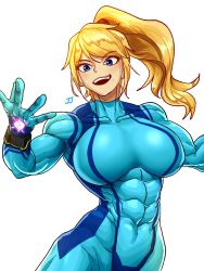 Rule 34 | 1girl, abs, blonde hair, blue eyes, bodysuit, breasts, highres, large breasts, long hair, looking at viewer, metroid, mole, mole under mouth, muscular, muscular arms, muscular female, muscular legs, nintendo, open mouth, samus aran, skin tight, solo, sparkeyjinjin, thick thighs, thighs, white background, zero suit