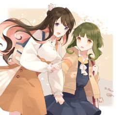 Rule 34 | 2girls, alternate costume, bag, black dress, black hair, bob cut, braid, brown eyes, brown jacket, commentary request, dress, fang, green hair, half updo, highres, holding hands, index finger raised, jacket, jewelry, kantai collection, long hair, multicolored hair, multiple girls, naganami (kancolle), necklace, orange skirt, pink hair, purple eyes, second-party source, shakemi (sake mgmgmg), short hair, short hair with long locks, sidelocks, skin fang, skirt, smile, sweater, takanami (kancolle), white sweater
