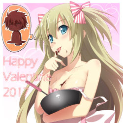 Rule 34 | 1girl, 2017, :p, apron, artist request, bare shoulders, blonde hair, blue eyes, bow, breasts, chocolate, chocolate making, chocolate on body, chocolate on breasts, cleavage, food on body, hair bow, hair ribbon, happy valentine, heart, liz hohenstein, long hair, looking at viewer, medium breasts, mixing bowl, muv-luv, muv-luv alternative, naked apron, official art, ribbon, schwarzesmarken, shiny skin, smile, solo, spatula, strap slip, theodor edelbach, thought bubble, tongue, tongue out, two side up, upper body, valentine