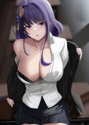 Rule 34 | 1girl, absurdres, black bra, black jacket, black skirt, blurry, blurry background, bra, breasts, cleavage, clothes pull, collarbone, desk, flower, genshin impact, hair flower, hair ornament, highres, jacket, large breasts, light particles, long hair, looking at viewer, mole, mole under eye, parted lips, pleated skirt, purple eyes, purple flower, purple hair, raiden shogun, shirt, sidelocks, single bare shoulder, sitting, skirt, solo, underwear, undressing, white shirt, yamikyon