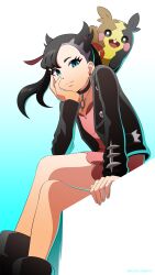 Rule 34 | 1girl, arm support, asymmetrical bangs, black choker, black footwear, black hair, black jacket, boots, choker, closed mouth, commentary request, creatures (company), crossed legs, dress, earrings, elbow rest, eyelashes, from below, game freak, gen 8 pokemon, green eyes, hair ribbon, head rest, highres, hunched over, jacket, jewelry, kuroki shigewo, looking at viewer, marnie (pokemon), morpeko, morpeko (full), nintendo, open clothes, open jacket, pink dress, pokemon, pokemon (creature), pokemon on back, pokemon swsh, red ribbon, revision, ribbon, sitting, thighs, twintails, undercut