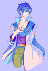 Rule 34 | 1boy, akiyoshi (tama-pete), blue eyes, blue hair, coat, hair between eyes, hand on own chest, hand up, kaito (vocaloid), long sleeves, open mouth, scarf, short hair, solo, vocaloid