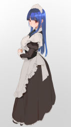 Rule 34 | 1girl, apron, blue hair, blunt bangs, blush, breasts, closed mouth, frills, from side, full body, grey background, highres, large breasts, long hair, looking at viewer, maid, maid apron, maid headdress, original, red eyes, shiromonefu, skirt, solo