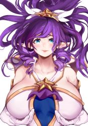 Rule 34 | 1girl, bare shoulders, blue eyes, blush, breasts, closed mouth, collarbone, elbow gloves, gloves, highres, janna (league of legends), large breasts, league of legends, long hair, mamimi (mamamimi), pink lips, pointy ears, purple hair, simple background, smile, solo, star guardian (league of legends), star guardian janna, upper body, white background, white gloves