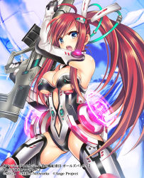 Rule 34 | 10s, 1girl, ange vierge, armpits, bad id, bad pixiv id, bare shoulders, blush, breasts, character name, clothing cutout, code omega 64 harves, copyright name, detached sleeves, elbow gloves, gloves, gluteal fold, gun, hair ornament, hayamiya, headgear, large breasts, leotard, long hair, looking at viewer, mecha musume, navel, navel cutout, official art, open mouth, ponytail, purple eyes, red hair, sideboob, skin tight, solo, thighhighs, trigger discipline, twintails, underboob, very long hair, weapon, zettai ryouiki