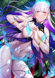 Rule 34 | 1girl, blue fire, blush, body markings, breasts, fate/grand order, fate (series), fire, flower, hair flower, hair ornament, hair ribbon, heart-shaped boob challenge, highres, kama (fate), kama (swimsuit avenger) (fate), kama (swimsuit avenger) (third ascension) (fate), large breasts, long hair, looking at viewer, lotus, navel, revealing clothes, ribbon, silver hair, solo, zaregoto tsukai no deshi