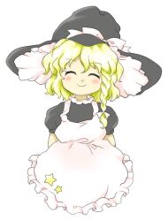 Rule 34 | 1girl, ^ ^, apron, arms behind back, black hat, blonde hair, blush, bow, braid, closed eyes, closed mouth, hat, hat bow, kirisame marisa, long hair, nonamejd, official style, puffy short sleeves, puffy sleeves, short sleeves, side braid, simple background, smile, solo, star (symbol), straight-on, touhou, white apron, white background, white bow, witch hat, zun (style)