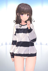 Rule 34 | 1girl, bad id, bad pixiv id, blurry, blurry background, brown hair, dduck kong, depth of field, hand up, highres, long hair, long sleeves, no pants, original, panties, purple eyes, railing, shirt, signature, sleeves past wrists, solo, striped clothes, striped shirt, underwear, very long hair, white panties
