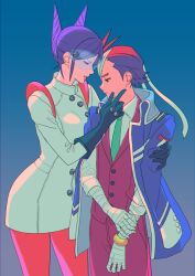 Rule 34 | 1boy, 1girl, ace attorney, antenna hair, apollo justice, aura blackquill, bandaged arm, bandaged fingers, bandaged hand, bandaged head, bandages, black gloves, blue eyes, blue jacket, bracelet, brown hair, buttons, coat, collared coat, collared jacket, collared shirt, cone hair bun, cowboy shot, double bun, elbow gloves, formal, gloves, goggles, gradient background, green necktie, hair bun, hand on another&#039;s arm, hand on another&#039;s face, hand on own wrist, hetero, highres, jacket, jacket on shoulders, jewelry, long sleeves, looking at another, looking down, necktie, ouse (otussger), pants, parted lips, pocket, profile, purple eyes, purple hair, red pants, red suit, red vest, shirt, short coat, short hair, sidelocks, simple background, sleeves rolled up, standing, suit, swept bangs, vest, white coat, white shirt