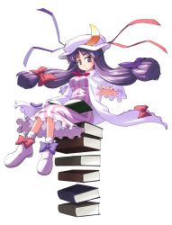 Rule 34 | 1girl, absurdres, akase rai, book, bow, crescent, dress, female focus, full body, hair bow, hat, hat ribbon, highres, open book, patchouli knowledge, purple eyes, purple hair, ribbon, solo, striped clothes, striped dress, touhou, transparent background, vertical stripes