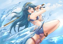 Rule 34 | 1girl, alternate costume, ass, bikini, blue bikini, blue eyes, blue hair, blue sky, blush, bracelet, brown footwear, cloud, commentary request, day, deekei, falchion (fire emblem), fire emblem, fire emblem awakening, fire emblem heroes, gold trim, heel up, highres, holding, holding sword, holding weapon, jewelry, leg strap, long hair, lucina (fire emblem), nintendo, ocean, open mouth, outdoors, sheath, sky, solo, splashing, swimsuit, sword, thigh strap, tiara, water, weapon