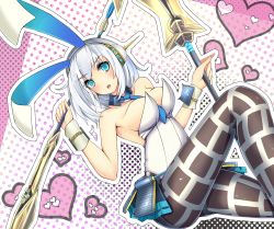 Rule 34 | 1girl, animal ears, bad id, bare shoulders, breasts, rabbit ears, playboy bunny, cleavage, collarbone, detached collar, dual wielding, duuwa (doluwa), fake animal ears, headphones, highres, holding, large breasts, looking at viewer, necktie, oshiro project:re, pantyhose, patterned legwear, polearm, shikano, shikano (oshiro project), short hair, grey eyes, silver hair, solo, thighs, weapon, wrist cuffs