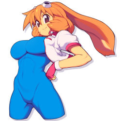 Rule 34 | 1girl, bodysuit, breasts, covered navel, fingerless gloves, gloves, hand on own hip, large breasts, long hair, looking at viewer, makihara arina, metata, orange hair, pink gloves, red eyes, simple background, smile, solo, waku waku 7, white background
