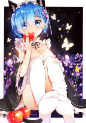 Rule 34 | 10s, 1girl, :o, absurdres, animal ears, apple, ayami (annahibi), blue eyes, blue hair, blush, breasts, bug, butterfly, cat ears, cat tail, cleavage, commentary request, detached sleeves, eyes visible through hair, fang, feet, flower, food, frilled sleeves, frills, fruit, hair ornament, hair over one eye, hand on own knee, highres, holding, holding food, holding fruit, insect, large breasts, legs together, looking at viewer, maid, no shoes, open mouth, purple flower, re:zero kara hajimeru isekai seikatsu, rem (re:zero), revision, scan, short hair, sitting, soles, solo, tail, thighhighs, white thighhighs, wide sleeves, x hair ornament