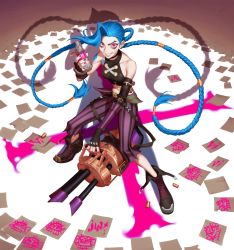 Rule 34 | 1girl, absurdres, arcane: league of legends, arcane jinx, armband, bare shoulders, black choker, black footwear, black gloves, blue hair, blue nails, character name, choker, collarbone, explosive, fingerless gloves, fingernails, gloves, grenade, gun, highres, holding, holding grenade, holding gun, holding weapon, jinx (league of legends), league of legends, long hair, nail polish, navel, paper, parted lips, pink nails, purple eyes, shell casing, shoulder tattoo, smile, solo, standing, striped clothes, tattoo, twintails, very long hair, weapon, x, zelus