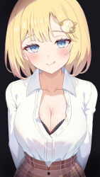 1girl arms_behind_back black_background black_bra blonde_hair blue_eyes blush bra bra_peek breasts brown_skirt chahanramen cleavage collarbone collared_shirt commentary highres hololive hololive_english large_breasts looking_at_viewer mole mole_on_breast monocle plaid_clothes plaid_skirt shirt short_hair simple_background skirt solo tongue tongue_out underwear upper_body virtual_youtuber watson_amelia watson_amelia_(1st_costume) white_shirt