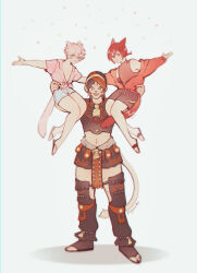 Rule 34 | 1girl, 2boys, androgynous, cat tail, final fantasy, final fantasy xiv, front-tie top, furry, furry female, g&#039;raha tia, highres, hrothgar, lifting person, lion tail, looking at viewer, miqo&#039;te, multiple boys, navel, outstretched arm, pigeonpii, pink hair, red hair, sandals, smile, stomach, tail, warrior of light (ff14), wuk lamat