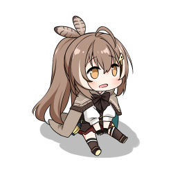 Rule 34 | 1girl, ahoge, bow, brown eyes, brown hair, chibi, felutiahime, fingerless gloves, full body, gloves, hair between eyes, hololive, hololive english, lowres, nanashi mumei, open mouth, ponytail, shadow, simple background, sitting, skirt, solo, tongue, virtual youtuber, white background