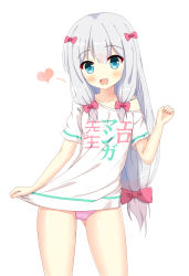 Rule 34 | 1girl, :d, absurdres, adrenaline!!!, blue eyes, blush, bow, cameltoe, clothes writing, collarbone, commentary request, cowboy shot, eromanga sensei, gluteal fold, hair between eyes, hair bow, head tilt, heart, highres, izumi sagiri, long hair, low-tied long hair, open mouth, panties, pink bow, pink panties, shiny skin, shirt, shirt grab, short sleeves, silver hair, simple background, smile, solo, standing, t-shirt, tareme, translation request, underwear, very long hair, white background, white shirt, xiaosamiao