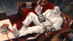 Rule 34 | 1boy, animal ears, arknights, bara, blue eyes, couch, cup, drinking glass, facial hair, formal, from above, full body, furry, furry male, goatee, highres, hujusheng, large hands, large pectorals, looking at viewer, male focus, mountain (arknights), muscular, muscular male, official alternate costume, on couch, pectoral cleavage, pectorals, scar, scar across eye, short hair, sitting, sleeves rolled up, solo, suit, tail, thick eyebrows, tiger boy, tiger ears, tiger tail, watch, white fur, white hair, white suit, wine glass, wristwatch