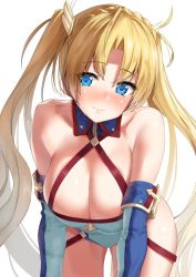 Rule 34 | 1girl, all fours, b-ginga, bare shoulders, blonde hair, blue eyes, blush, bradamante (fate), bradamante (first ascension) (fate), braid, breasts, cleavage, collarbone, elbow gloves, fate/grand order, fate (series), french braid, gloves, hair between eyes, hair ornament, large breasts, leotard, long hair, looking at viewer, sidelocks, simple background, smile, solo, twintails, very long hair, white background