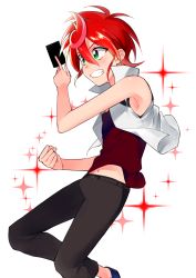 Rule 34 | 10s, 1boy, card, cardfight!! vanguard, cardfight!! vanguard g, green eyes, highres, male focus, multicolored hair, navel, pink hair, red hair, shindou chrono, simple background, solo, sparkle, teeth, two-tone hair, white background, yuu (7862260010)