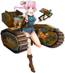 Rule 34 | 1girl, baguette, belt, bread, breasts, brown eyes, brown footwear, cannon, caterpillar tracks, char b1, char b1 (panzer waltz), food, full body, hair ornament, large breasts, military, military vehicle, motor vehicle, official art, panzer waltz, personification, pink hair, scarf, solo, tank, transparent background, turret, twintails