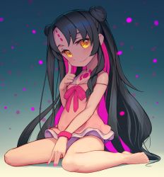 Rule 34 | 1girl, barefoot, black hair, brown eyes, camisole, cheek poking, facial mark, fate/grand order, fate (series), forehead mark, legs, long hair, nail polish, one-piece swimsuit, pink camisole, poking, rotix, sessyoin kiara, sessyoin kiara (lily), sitting, smile, solo, swimsuit, thighs, very long hair, white one-piece swimsuit